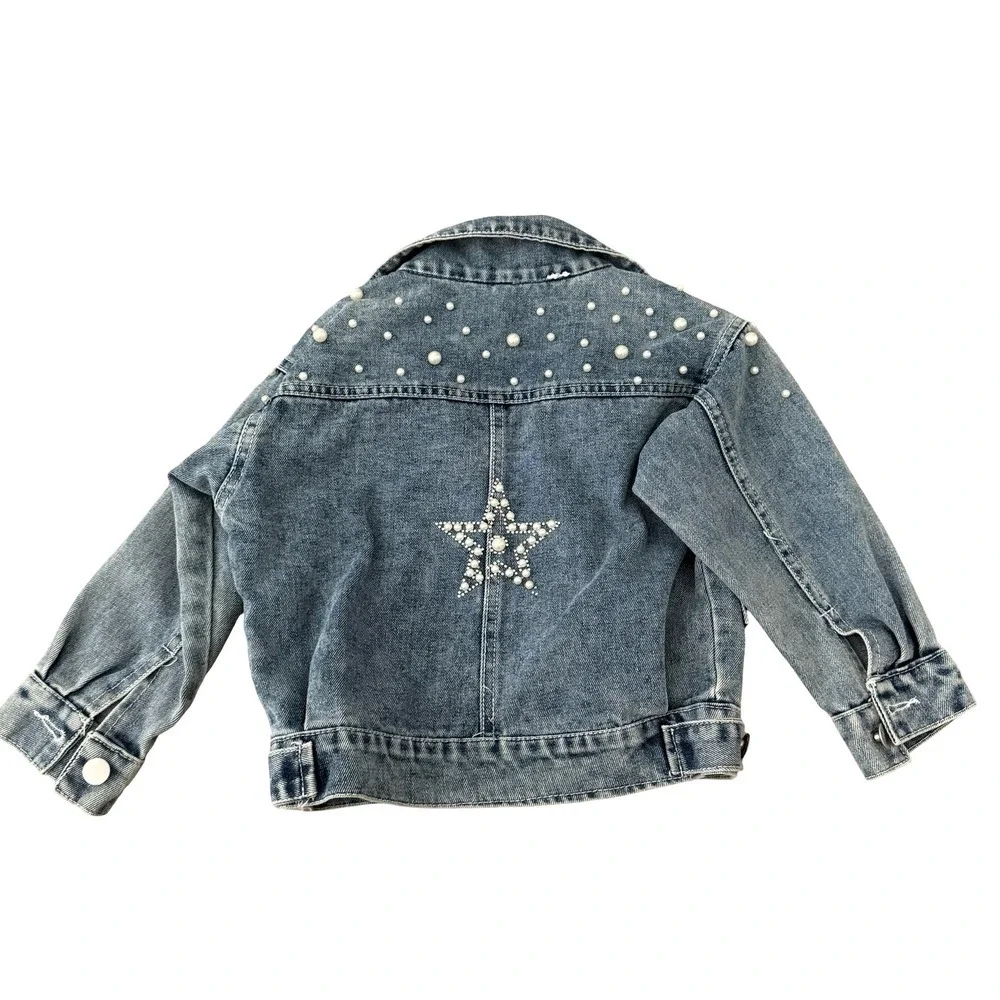 Denim Jacket Blue Pearl Star Embellished Kids Size 100 - Picture 4 of 7